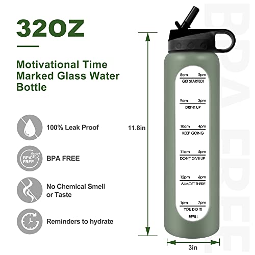 Probttl 32 Oz Glass Water Bottles With Time Marker & Straw - Glass Water Bottle With Bottle Brush - Leakproof Reusable & Bpa Free Motivational Glass Water Bottle For Fitness Gym Sports & Daily Use #TOP2