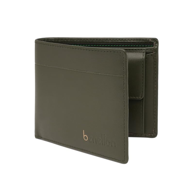 Image of United Colors of Benetton Men's Genuine Leather Global Coin Wallet Gweru - Olive | Slim Bifold with Secure Coin Pouch, 2 Compartments 4 Card Slots | Stylish Purse of Gents
