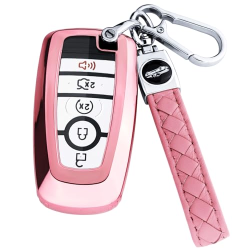 XIYANG TRADE for Ford Key Fob Cover with Keychain,Key Fob Cover Case Shell for Ford Explorer Fusion Escape Edge Expedition F150 F250 F350 F450 F550 Maverick Mustang 3/4/5 Buttons Smart Key (Pink)