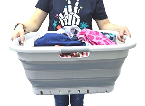 SAMMART 41L Collapsible 3 Handled Plastic Laundry Basket - Foldable Pop Up Storage Container/Organizer - Portable Washing Tub - Space Saving Hamper/Basket (3 rechteckig behandelt, Grau/Grau)