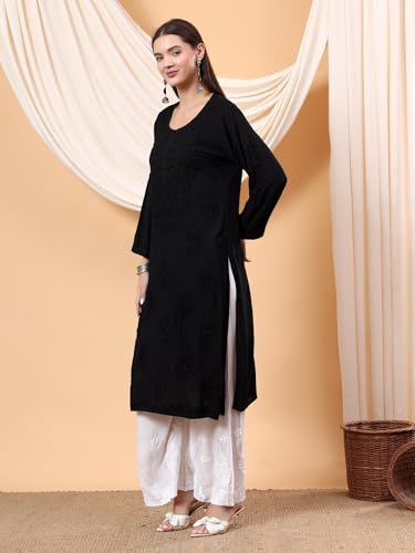 Image of POSHAK CHIKAN STUDIO Women's Hand Embroidered Lucknowi Chikankari Modal Straight Long Kurta, heer