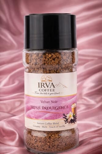 Image of IRVA Irish Indulgence Velvet Noir | Premium Irish Flavoured Instant Coffee (Non-Alcoholic) | Freeze-Dried Granules | Velvety Smooth, Creamy Indulgence with Rich Aroma | Perfect for Hot & Cold Coffee | Cafe-Style Experience at Home | 100 g | Makes 40-50 Cups