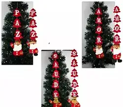 Enfeite de Natal pendente para porta ou parede com palavras 'Amor', 'Paz' e 'Saúde'. Inclui figuras de Papai Noel e Rena. Perfeito para decorar portas, árvores e criar um ambiente natalino especial.