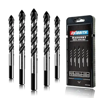 5-Piece 3/8“ Masonry Drill Bits for Tile Glass Ceramic Wall Brick Stone Soft-Metal Wood, 3/8 Inch Concrete Drill Bits Cement Drill Bit Set, 3-Flat Shank, YG8 Carbide Tungsten Steel Alloy Tip 10mm