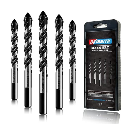 5-Piece 3/8“ Masonry Drill Bits for Tile Glass Ceramic Wall Brick Stone Soft-Metal Wood, 3/8 Inch Concrete Drill Bits Cement Drill Bit Set, 3-Flat Shank, YG8 Carbide Tungsten Steel Alloy Tip 10mm