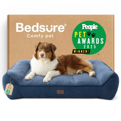 Image of Bedsure SupportMax Orthopedic Dog Beds Large Sized Dog - Extra Thick Supportive Large Dogs Bed with Waterproof Washable Cover, L Plus Comfort Pet Sofa with Soft Sherpa and Nonskid Bottom, Blue, 38 inch