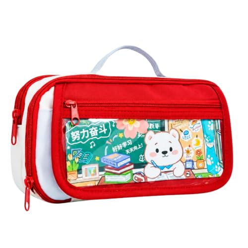 Image of Large Capacity Pencil Pouch Aesthetic Pencil Bag 3 Layer 6 Compartment with Zipper Kawaii Cartoon Stationery Organizer for School, College, Office & Travel (Red Multi Compartment Pouch)