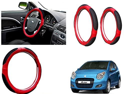 Image of Microfiber Car Steering Wheel Cover, Soft Padding Great Hand Feel, Anti-Slip, Faux Leather Steering Cover for Maruti Suzuki A Star | Black Red Jali - Pack of 1
