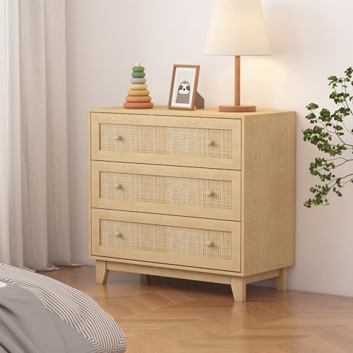 Xixini 3 Drawer Dresser for Bedroom, Boho Small Natural Rattan Closet Dressers Chest of Drawers, Modern Wood Clothes Storage Organizer with Wooden Feet and Handles for Hallway, Living Room, Entryway - Image 8