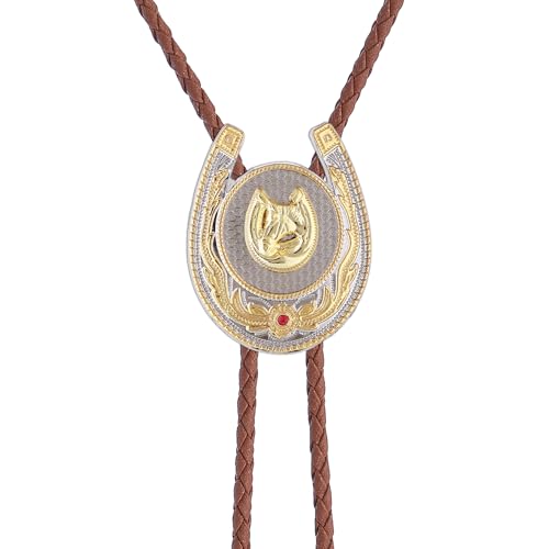 Image of Jeilwiy Bolo Tie for Men, Western Cowboy Golden Longhorn Bull Eagle Horse Cowboy Hat Bolo Necklace Leather Necktie for Women