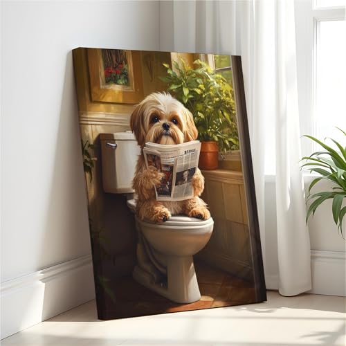 Image of Shih Tzu on Toilet Wall Art Print Canvas Wrapped, Dog Bathroom Humor Decor Posters Prints for Restroom Home Picture Painting Artwork Gallery 7 (Shih Tzu, 20 inchL x 16 inchW CANVAS, Wrapped Canvas)