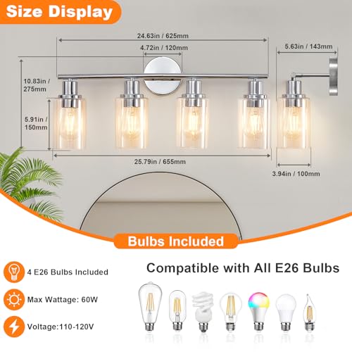 Image of DLLT 4-Light Bathroom Light Fixtures: Chrome Modern Vanity Lights with 4 E26 Bulbs - Clear Glass Shade Bathroom Wall Lamp for Mirror Kitchen Living Room Hallway Cabinet Porch
