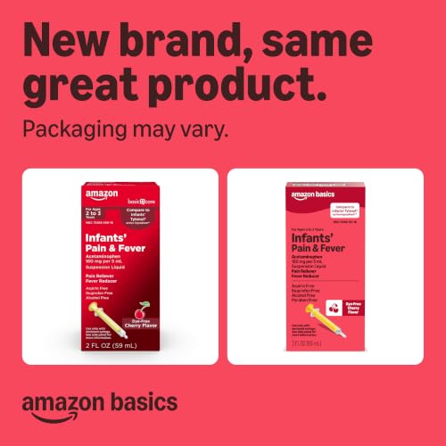 Image of Amazon Basics Infants' Pain & Fever, Acetaminophen 160 mg per 5 mL, Suspension Liquid, Dye-Free Cherry Flavor, 2 fl oz (Pack of 1) (Previously Care)