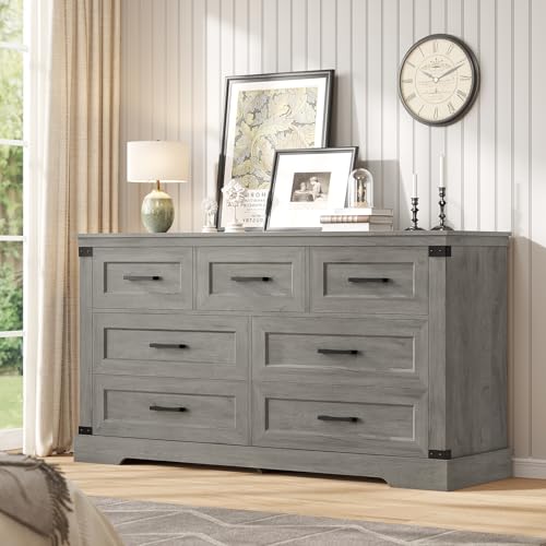 Hasuit Farmhouse 7 Drawers Dresser for Bedroom, Wooden Long Dresser