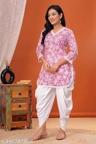 Image of Floral Print Cotton Kurta and Dhoti Set for Women Designer