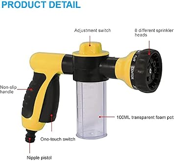 KAHEIGN Garden Hose Foam Sprayer, 8 Patterns High Pressure Nozzles Watering Sprayer Soap Dispenser with Soap Reservoir for Car Washing Pets Shower Plants Watering