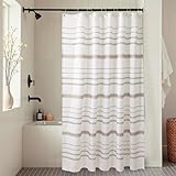 Treory Artistic Shower Curtain Set: White Horizontal Stripes Shower Curtain, Woven Inspired Waterproof Fabric, Modern Bohemian Bathtub Bathroom Decorations Home Décor with Hooks, 72' x 72'