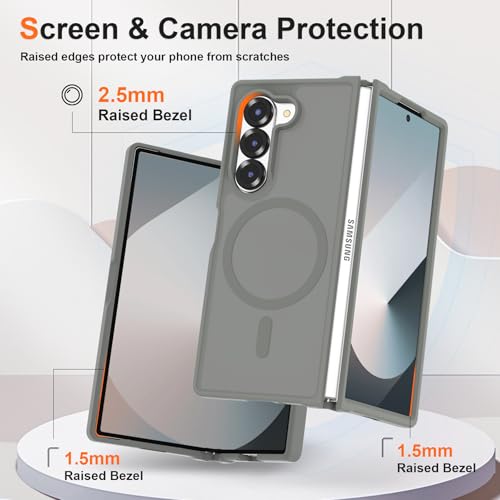 Image of ORETECH Magnetic Case Compatible with Samsung Galaxy Z Fold 6 Case, Translucent Back Non-Slip Hard PC Shockproof Bumper Protective Phone Case Cover for Samsung Z Fold 6 - Grey | Translucent Back Non-Slip Hard PC Shockproof Bumper Protective Phone Cover