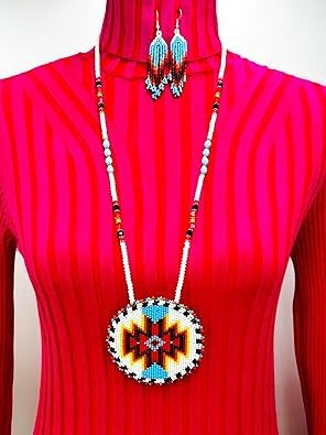Handmade Beaded Indian Necklace & Earring Set - Native American Style Medallion, Red Flower Design - View #5