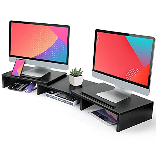 LORYERGO Dual Monitor Stand - Monitor Stand Riser Adjustable Length and Angle, Computer Monitor w/Slot for Tablet & Cellphoneï¼ŒScreen Stand w/Big Storage, Dual Monitor Riser for PC, Computer, Laptop