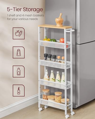 Image of VASAGLE Slim Rolling Cart, 5-Tier Storage Cart, Narrow Cart with Handle, 5.1 Inches Deep, Metal Frame, for Kitchen, Dining Room, Living Room, Home Office, Oak Beige and Classic White ULRC034W09