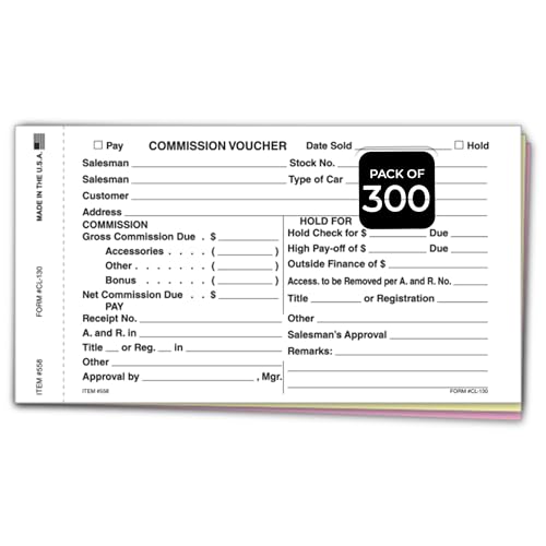 Commission Voucher Forms Gross Net - 3 Part Carbonless NCR Snap Out Vouchers, White Canary Pink Accounting Forms, Black Ink, 7.75 x 4.25 Inch Commission Payment Slips - Pack of 300