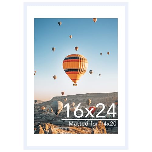 Image of JCJMY 16x24 Picture Frame with Mat for Poster Photo and 40x60 cm Canvas, Display 14x20 with Mat or 16 x 24 without, Wood 16 by 24 Wall Gallery Poster Photo Frame, White