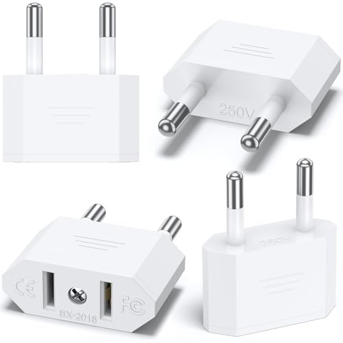 VANCLE 4 Piezas Adaptador Enchufe Americano a Europeo, Adaptador Enchufe USA a España, Adaptadores de Enchufe de Viaje, para Viajes de EE.UU./Canadá/Japón/Asia a España/Europa (4PCS Blanco)