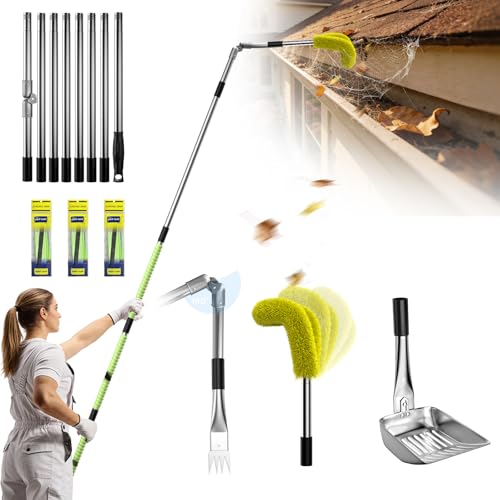 13ft Gutter Cleaning Tools from The Ground 3-in-1 Gutter Cleaner with Replaceable Brush Rake Scoop 180 Adjustable Rotating Stainless Steel Pole for Leaves & Debris Removal Yellow
