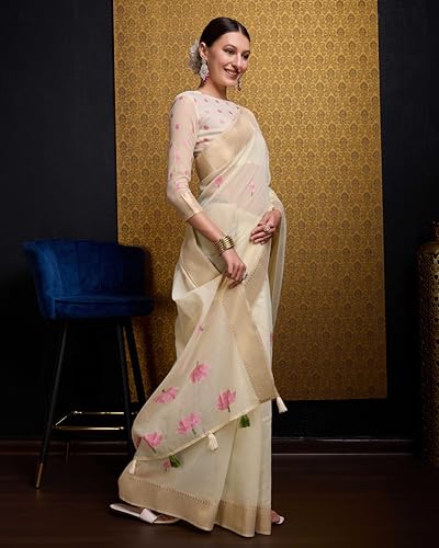 Image of SWORNOF Womens Linen Silk Saree | Saree for Women With Unstitched Blouse | Saree with Blouse Piece | Soft and Skin Friendly