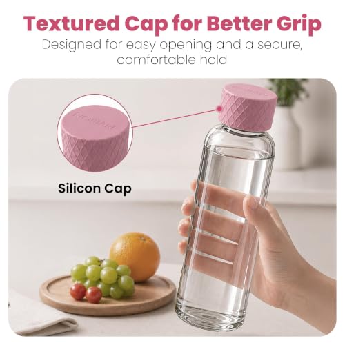 Image of Rioware Glass Water Bottle 1 Litre | Airtight lid | Leak Proof | Silicon Cap | Fridge Water Bottles for Home, Office & Gym (1 Ltr- Pack Of 4, Pink)