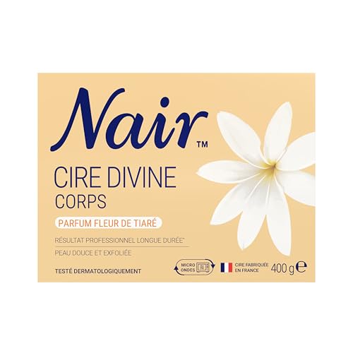 NAIR - Cire Divine aux Extraits de Fleur de Tiaré, Spéciale Peaux Sensibles, Se Retire Sans Bandes, Pot de 400g + 2 Lingettes "Finition Parfaite"