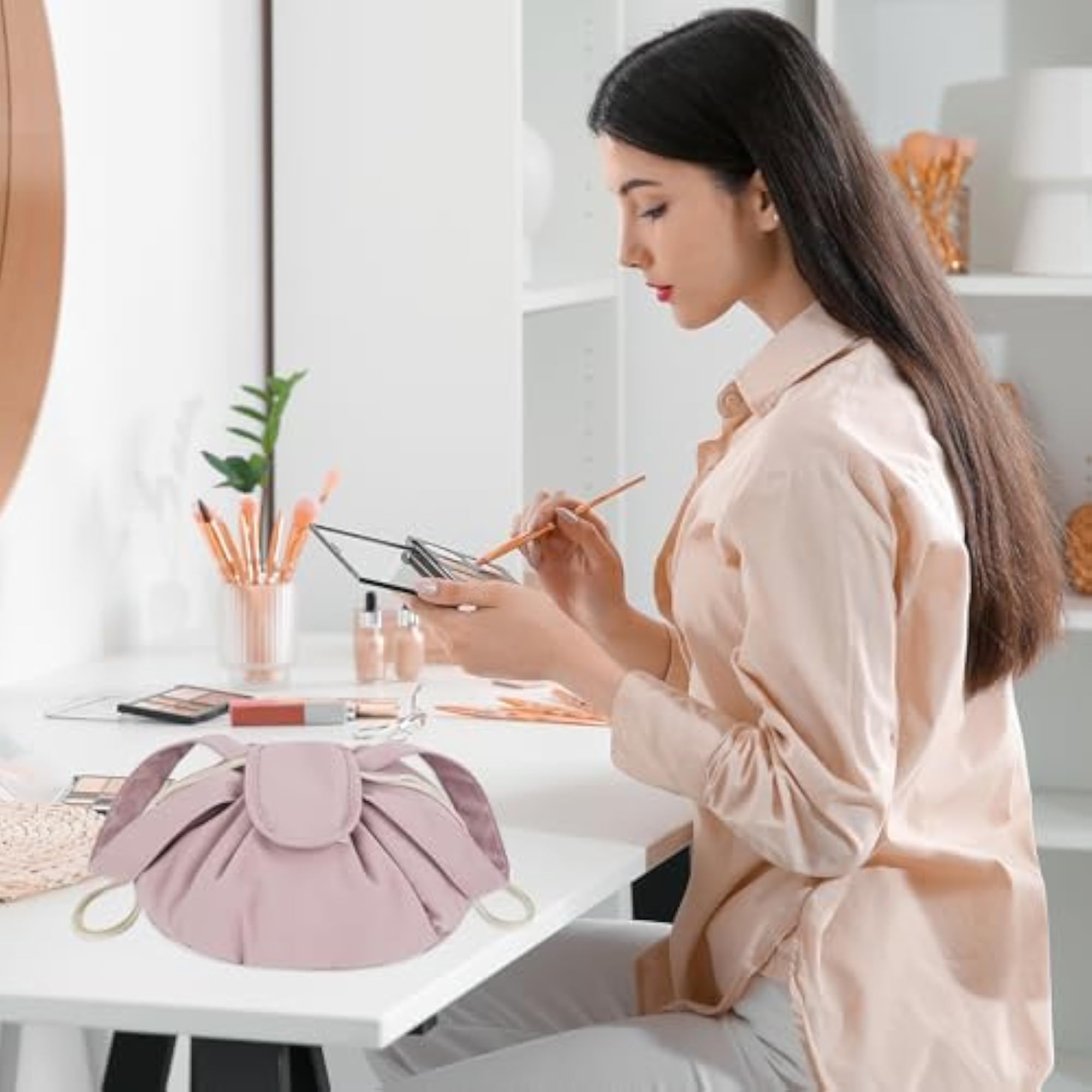 Pink Drawstring Makeup Bag, Travel Toiletry Organizer
