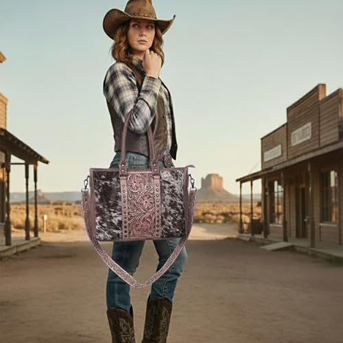 Image of Merbaa Western Cowhide Hairon Leather Tote Bag for Women With Adjustable Tooled Shoulder Strap Leather Purse
