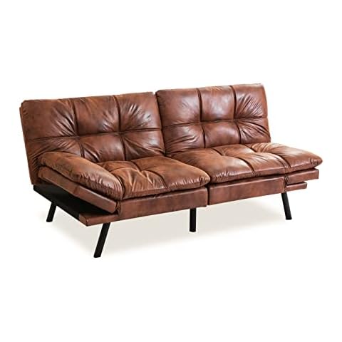 Opoiar Futon Sofa Bed, Memory Foam Couch Bed with Mattress and Frame Included,Comfortable Brown Faxu Leather Loveseat Sleeper Sofa for Dorm Apartment Office College Small Space Bedroom RV Living Room Cover