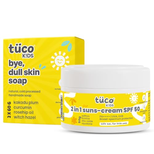 Image of Tuco Kids Dull Skin Soap (60 gm x 2) & Sunscreen (50 gm) | Face Glow Kit | Safe For Kids | Ages 2-5, 5-10, 10-15 | Paraben & Sulfate Free | 170 gm- Pack of 3