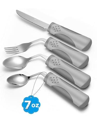BaseSmall Adaptive Utensils (4-Piece Kitchen Set) Weighted 7 oz - 42 Angled Utensils for Parkinsons Patients Hand Tremors Arthritis & Elderly - Weighted Silverware for Hand Tremors (Right Handed)