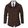 Mens Stand Collar Cable Knit Cardigan Button Down Sweater Long Sleeve Coffee XL