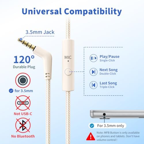 Botesty Sound Headphones Wired with Microphone, Over Ear Foldable 3.5mm Plug in Headphones Corded with 4.9ft Tangle-Free Nylon Cord for Tablet, Laptop, MP3/4, School, Airplane Travel (Beige) - 1