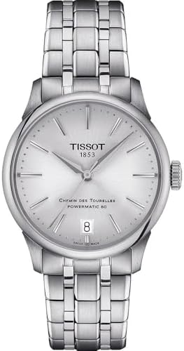 Tissot Womens Tissot Chemin des Tourelles Powermatic 80 34 mm 316L Stainless Steel case Automatic Watches, Grey, Stainless Steel, 18 (T1392071103100)