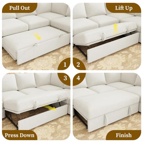 Image of 106.7 inch U-Shaped Modular Sectional Sofa with Pull-Out Bed & Storage, Modern 7-Seat Convertible Couch, Comfy L-Shape Sectional for Living Room, Apartment, Beige