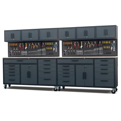72in Rolling Tool Chest Cabinet, 2PCS Mobile Garage Workbench Heavy-Duty Tool Cabinet on Wheels with 11 Drawers, 2-Door Cabinet, 3 Top Cabinet, Pegboard & Power Strip for Tool Organization