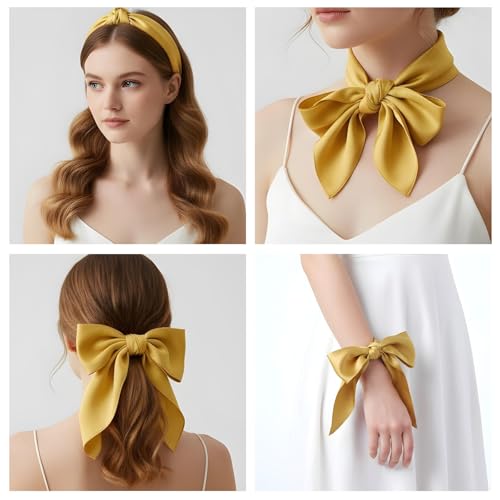 Solid Color Women Satin Scarf Square Ribbon Neck Scarf 26"x25" Breathable Small Headscarfs Vintage Yellow Handkerchief Costume Accessory for Women3