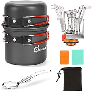 Odoland Camping Cookware Set With Stove and Tableware - Portable Campfire Stainless Steel Cook Gear Outdoor Traveling Cooking Utensils Kit for Trekking Hiking Picnic