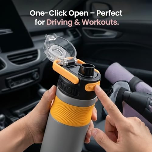 Image of 600ml Insulated Water Bottle with Straw - Premium SUS 316 Stainless Steel Sport Flask - Insulated Hot & Cold, Leak-Proof One-Click Flip Top - Gym & Travel Bottle (Stone Amber)