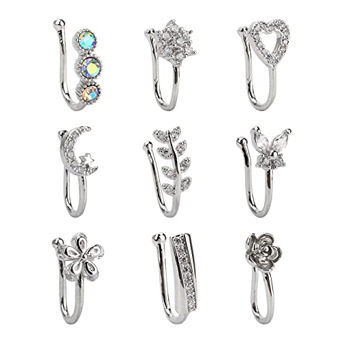 CrazyPiercing Fake Nose Ring CZ African Nose Cuffs Gold Faux Septum Nose Rings Clip on Nose Jewelry for Woman Non Pierced Jewelry (9 Clip Nose Ring-Silver)