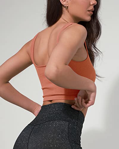 Ododos Women's Seamless Crop Tank 2-Pack Ribbed Knit Square Neck Cropped Tops Casual Low Back Cami, Garment Washing Coral+Oatmeal, X-Small/Small #TOP3