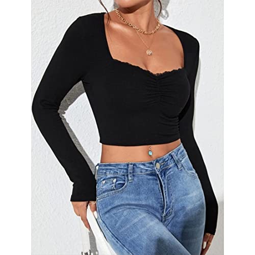 Image of GLARE & BLAIR Sweetheart Neck Lace Trim Long Sleeve Regular Fit Ribbed Tops for Women