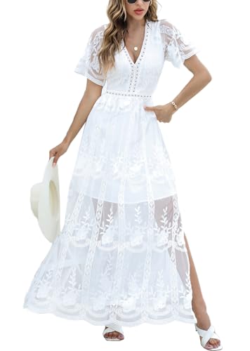 Image of HOYISHION Women's Off The Shoulder Floral Lace Maxi Dress White Bridesmaid Wedding Party Maternity Photoshoot Long Dresses