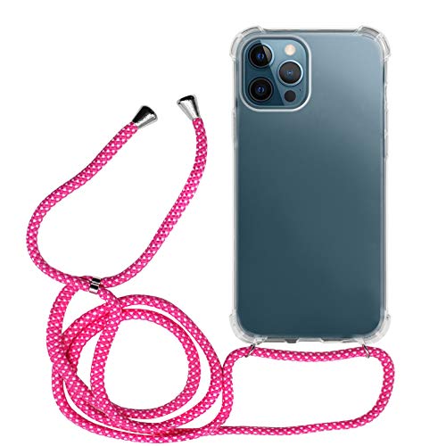 MyGadget Handykette für Apple iPhone 12/12 Pro TPU Hülle mit Handyband zum Umhängen - Handyhülle mit Band Halskette Kordel Schnur Case Schutzhülle - Pink Weiß